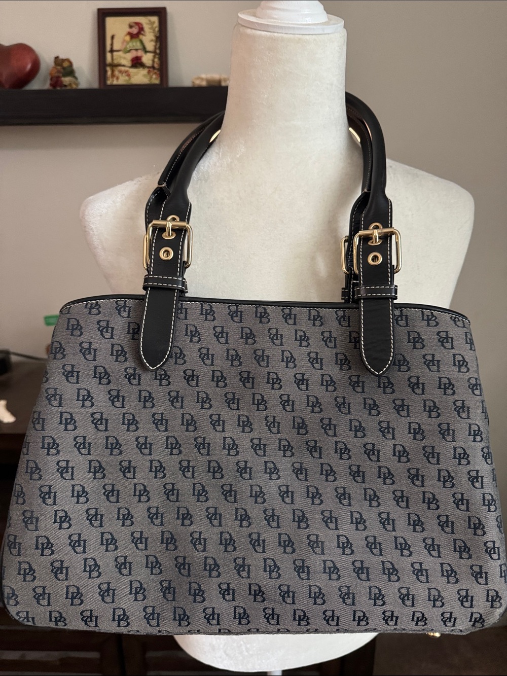 Dooney & Bourke Gray Denim Monogram Tote with Black Leather & Gold Hardware